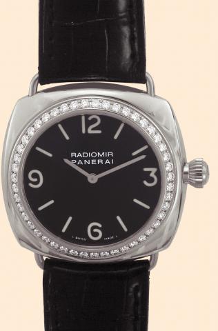 Officine Panerai, Firenze,Radiomir, I Diamanti della Officine Panerai, Automatic, No. 60/70, Ref. OP 6543. Produced in a limited edition of 70 examples in October 2001. Very fine and rare, cushion-shaped, self-winding, water-resistant to 30 m., 18K white 