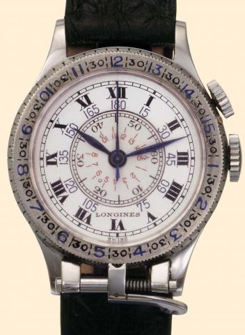 Longines, 'Lindbergh', invented by Col. Chas. A. Lindbergh, US Pat. 1923305, launched in 1932. Very fine and very rare hour angle, stainless steel aviator's wristwatch with indirect center-seconds system and two crowns.