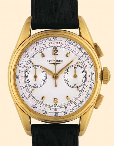 Longines, Ref. 6595. Produced in the 1950s. Fine, 18K yellow gold gentleman's wristwatch with square button chronograph and register.