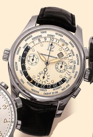 Girard-Perregaux, ww.tc - World Time Chronograph, Ref. 4980. Manufactured circa 2000. Very fine, oversized, world time, self-winding, water-resistant, 18K white gold wristwatch with square button chronograph, registers, date and an 18K white gold Girard-P