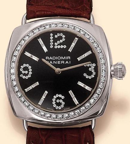 Officine Panerai, Firenze 1860, Radiomir, I Diamanti della Officine Panerai, No. D 68/70, Ref. OP 6543. Produced in a limited edition of 70 examples in the 2000s. Very fine and rare, large, cushion-shaped, self-winding, water-resistant to 30 m., 18K white