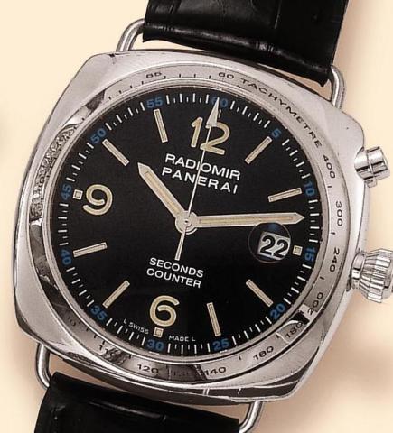 Officine Panerai, Firenze 1860, Radiomir, Seconds Counter, No. D 21/75, Ref. OP 6549. Produced in a limited edition of 75 examples in the 2000s. Very fine, large, cushion-shaped, water-resistant to 100 meters, 18K white gold diver
