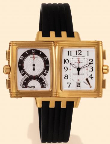 Jaeger-LeCoultre, Reverso Gran'Sport Chronographe R_trograde, Ref. 295.1.59. Manufactured circa 2000. Fine, rectangular, double-dial, 18K yellow gold reversible gentleman