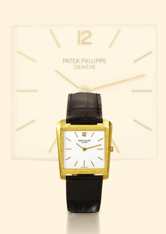 Patek Philippe & Cie, Geneve, No. 1131072, case No. 2632785, Ref. 3489. Produced circa 1964. Fine and unusual, asymmetric trapezoidal, 18K yellow gold gentleman's wristwatch.