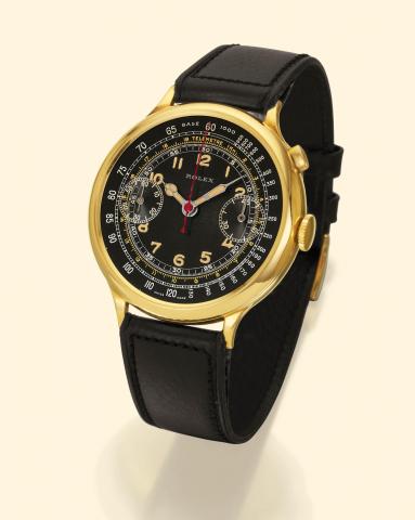 Rolex, case No. 14281/14293, Ref. 2021. Produced in the 1930s. Very fine and rare, large, 18K yellow gold gentleman's wristwatch with olive-shaped single button chronograph, register, tachometer and telemeter.