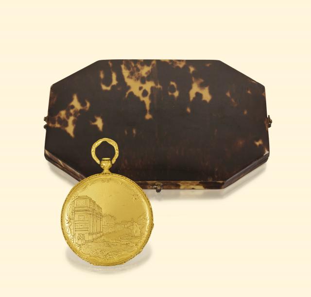 View of Rome Girard & Bornand a Ste Croix, No. 2134, circa 1840, made for the Italian market. Very fine 18K gold slim watch with ruby duplex escapement in original tortoiseshell covered box.