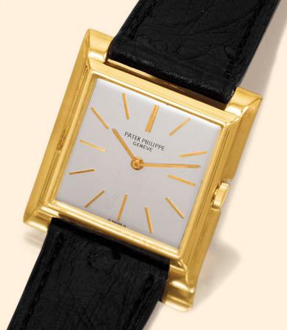 Patek Philippe & Cie, Geneve, No. 855696, case No. 689874, Ref. 2562. Produced circa 1955. Very fine and unusual, square, 18K yellow gold gentleman's wristwatch with an 18K yellow gold Patek Philippe buckle.