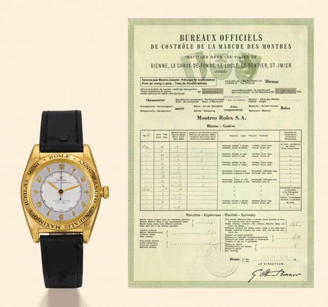 Anno Sancto Rolex Oyster Perpetual, Officially Certified Chronometer, Ref. 4777. Produced in 1948, to celebrate the sacred year 1950. Fine, tonneau shaped, center-second, self-winding, water-resistant, 18K yellow gold gentleman's wristwatch with a gold-pl