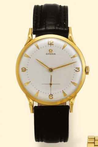 Omega, Ref. 14179. Produced circa 1947. Fine and unusual, oversized, 18K yellow gold gentleman's wristwatch.