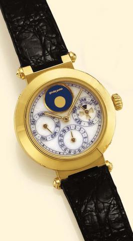 G_rald Genta Automatic, Ref. G. 3144.7. Produced in the 1990s. Very fine, astronomic, self-winding, water-resistant, 18K yellow gold gentleman's wristwatch with perpetual calendar, moon phases and an 18K yellow gold G_rald Genta buckle.