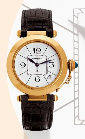 Cartier, Pasha Automatic, Ref. 0585. Made in 1987. Fine center-seconds, self-winding, water-resistant, 18K yellow gold gentleman's wristwatch with date, and a 18K Cartier buckle. Accompanied by a fitted box.