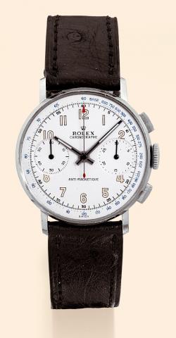 Rolex, ChronographeAnti-Magn_tique, Ref. 3882. Produced in the 1930s. Very fine and rare, stainless steel gentle-man's wristwatch with square button chronograph, register, tachometer and a stainless steel Rolex buckle.