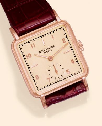 Patek Philippe & Cie, Gen?ve, No. 957529, case No.512080, Ref. 2485. Made in 1952. Very fine, square, 18K pink gold gentleman's wristwatch with an 18K pink gold Patek Philippe buckle. Accompanied by the Extract from the Archives.