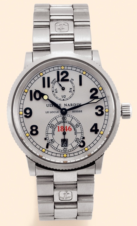 Ulysse Nardin, Le Locle, Suisse, Marine Chrono-meter, Officially Certi-fied Chronometer, Ref. 263-22. Produc-tion of this reference started in 1996. Fine, self-winding, water-resistant, stainless steel gentleman's chrono-meter wristwatch with date and a s