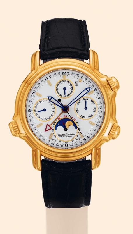 Jaeger-LeCoultre, Calendrier Perp_tuel, Le Grand R_veil, No. 0787, Ref. 180.1.99. Made in the 1990s. Very fine and rare, large, astronomic, center-seconds, self-winding, water-resistant, 18K yellow gold gentleman's wrist-watch with perpetual calendar, moo