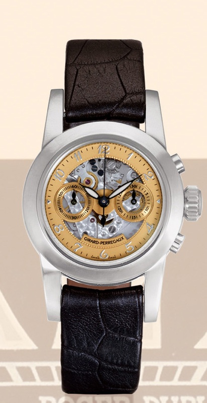 Girard-Perregaux, La Chaux-de-Fonds, No.49, Ref:8045. Made circa 2000. Very fine, 18K white gold mid-size self-winding water-resistant chronograph gentleman's wristwatch with skeletonised dial. Accompanied by an 18K white gold Girard-Perregaux buckle.