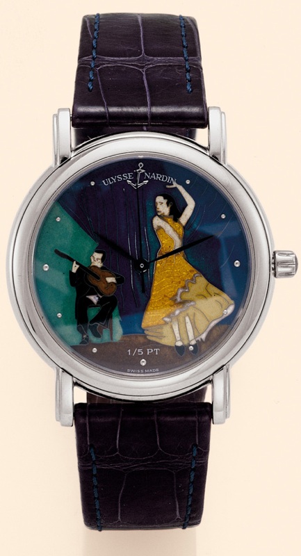 Flamenco Dancer Ulysse Nardin, Le Locle, Suisse, San Marco, No. 1/5, Ref. 139-70-9. Made in a limited edition of 5 exam-ples in the 1990s. Very fine and very rare, self-winding, water-resistant, platinum gentleman's wristwatch with a platinum Ulysse Nardi