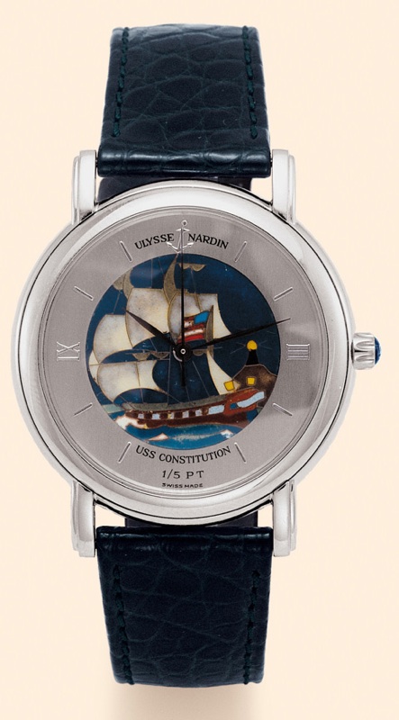 USS Constitution Ulysse Nardin, Le Locle, Suisse, San Marco, No. 1/5, Ref. 139-70-9. Made in a limited edition of 5 exam-ples in the 1990s. Very fine and very rare, self-winding, water-resistant, platinum gentleman's wristwatch with a platinum Ulysse Nard