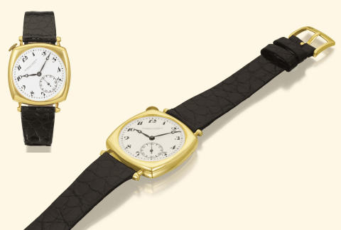 So-called American Vacheron & Constantin, Geneve, No. 394192, case No. 245206. Made in 1921. Very fine and extremely rare, cushion-shaped, 18K yellow gold gentleman's wristwatch with movement and dial diagonally set in the case, and a yellow gold Vacheron