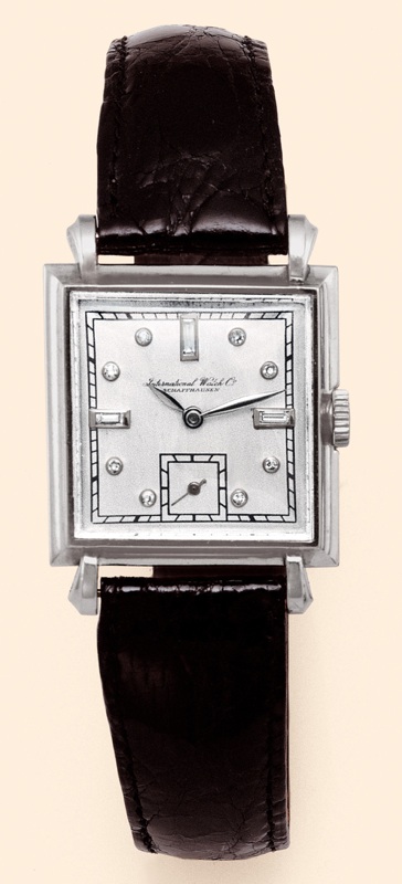 International Watch Co., Schaffhausen, No. 1120054, case No. 82293. Made in the 1940s. Fine and rare, square, platinum and diamonds gentleman's wristwatch.