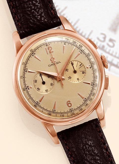 Omega, Swiss, No. 10830641, case No. 11002071, Ref. 2465. Made in the 1950s. Very fine, large, 18K pink gold gentleman's wristwatch with square button chronograph, tachometer, register and Omega plated pink buckle.