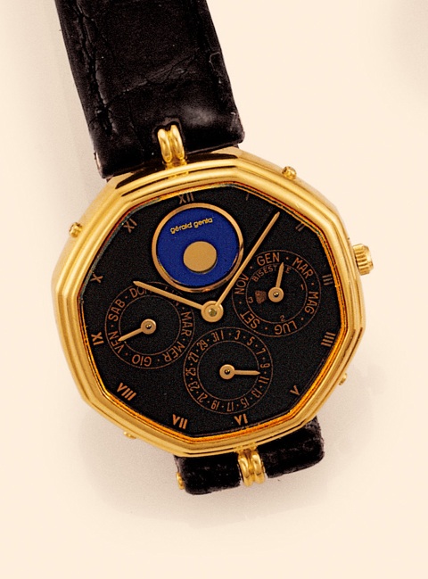 Gerald Genta, Ref. 2840.7. Made in the 1980s. Very fine, octagonal, astronomic, self-winding, 18K yellow gold gentleman's wristwatch with perpetual calendar, moon phases and an 18K yellow gold Gerald Genta buckle.