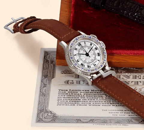 Longines, Lindbergh, invented by Col. Chas. A. Lindbergh, US Pat. 1923305, launched in 1931. Very fine and very rare, small hour angle, stainless steel and silver aviator's wristwatch with center-seconds and two crowns.