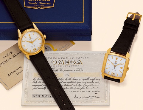 Lot comprising two Omega wristwatches 238 (a): Omega, Seamaster Calendar, Ref. 2527 SC. Made in 1953..Fine, center-seconds, self-winding, water-resistant.18K yellow gold gentleman's wristwatch with.date. Accompanied by the original fitted box and certific