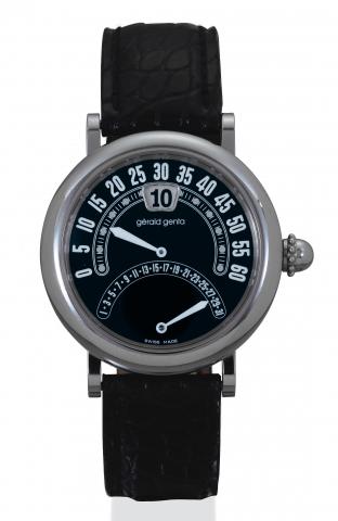 G_rald Genta, Biretro.Ref. G 3714. Made in.2000..Fine and unusual, jump-hour, selfwinding.water-resistant, stainless steel.gentleman's wristwatch with retrograde.minutes and retrograde date.