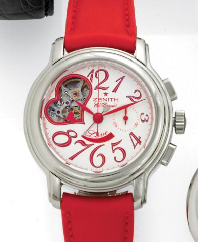 Zenith, Star Open El Primero Love ChronoMaster, Ref. 03 1230 4021. Made in 2004..Fine and unusual, self-winding, water-resistant, stainless steel lady's wristwatch with square button chronograph.register and a Zenith stainless steel deployant clasp. Accom