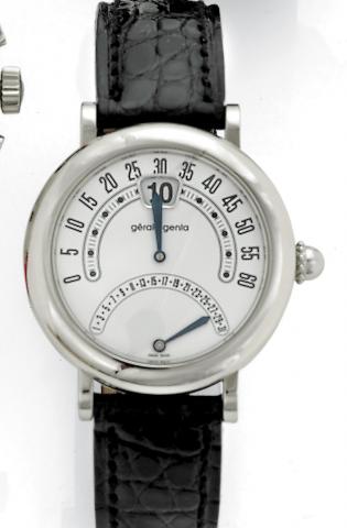 To be Sold Without Reserve.G_rald Genta, Biretro, Ref. G 3714. Made circa 2000..Fine and unusual, jump-hour, self-winding, water-resistant, stainless steel gentleman's wristwatch with.retrograde minutes, retrograde date and a stainless steel G_rald Genta 