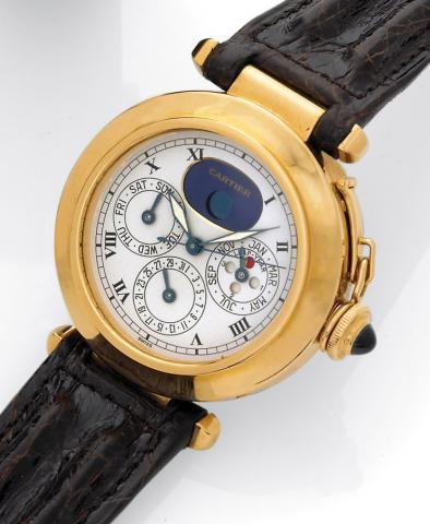 Pasha - Perpetual Calendar.Cartier, Pasha - Perpetual Calendar, No. 0206, Ref. 30003. Made in the 1990s..Very fine, center-seconds, water-resistant, 18K yellow gold gentleman's quartz wristwatch with perpetual.calendar and moon phases.