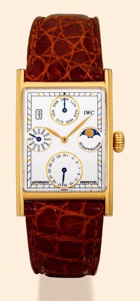 Novecento.International Watch Co., Schaffhausen.Novecento Automatic Perpetual.No. 398, Ref. 3546. Made in the 1990s..Fine, rectangular, astronomic, self winding, water-resistant.18K yellow gold gentleman's wristwatch with secular perpetual.calendar, moon 