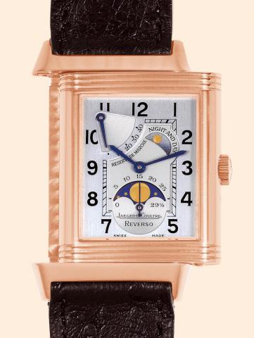 Reverso Night and Day.Jaeger LeCoultre, Reverso.Night and Day.Ref. 270.2.63. Made circa 1999..Very fine, rectangular, astronomic, 18K.pink gold gentleman's reversible wristwatch.with power reserve sector, moon.phases, lunar calendar, day and night indicat