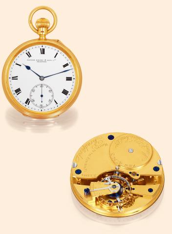 Kew A 74.3.Manoah Rhodes & Sons, Ltd, Bradford, Makers to the Admiralty, No. 14994. London hallmarks for 1890..Very fine and rare, 18K gold keyless pocket watch which obtained a Kew A rating with 74.3 marks..Accompanied by a copy of the Kew A certificate.