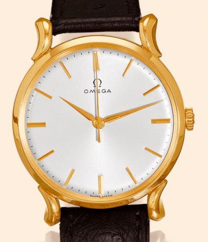 Curled Lugs.Omega, No.11058877, case No. 10779157.Ref. 14159. Made circa 1960..Fine, 18K yellow gold gentleman's wristwatch with indirect.center seconds, fancy lugs and a gold plated Omega buckle.