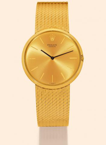 Cellini.Rolex, Geneva, Ref.3521, 1960s..Fine, extra-flat, waterproof, 18K yellow.gold gentleman's wristwatch with 18K gold guilloch_ integrated.bracelet.