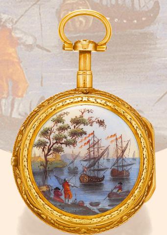 Calm Harbor.Isaac Soret & Fils, Geneva, No. 14835. Made for the Islamic market, circa 1780..Fine 18K gold and painted on enamel, rose-cut diamond-set quarter repeating pocket watch.