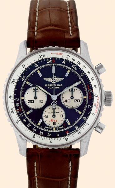 Navitimer 92.Breitling Navitimer 92, No 40/50.Ref. L 30021, made in 1992..Very fine and rare, self-winding, water-resistant, platinum.gentleman's wristwatch with round button chronograph.registers, telemeter and slide-rule, navy blue leather strap.and 18K
