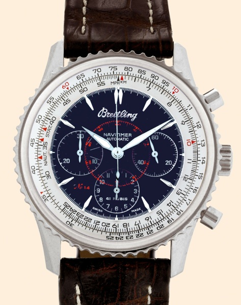 Navitimer Montbrillant.Breitling Navitimer Montbrillant, No 14/25.Ref. L 30030.1, made in 1992..Very fine and rare, self-winding, water-resistant, platinum.gentleman's wristwatch with round button chronograph.registers, telemeter and slide-rule, navy blue