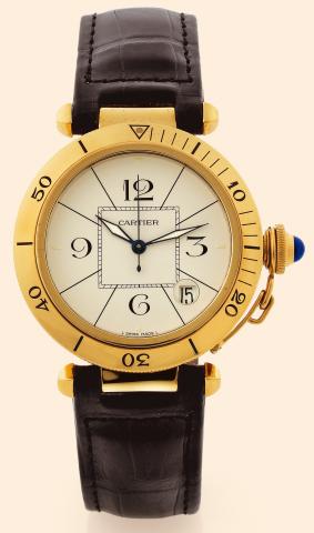 Pasha.Cartier, Pasha, Automatic.Ref. 1991. Made.in the 1990s..Fine, center-seconds, self-winding.water-resistant, 18K yellow gold.gentleman's wristwatch with date and.an 18K yellow gold Cartier deployant.clasp. Recently serviced by Cartier.
