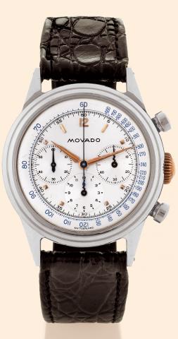 Movado, Ref. 8604. Made in the 1950s..Fine, stainless steel gentleman's wristwatch with.round button chronograph and registers.