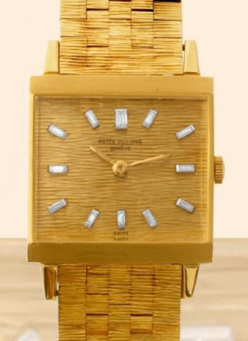 Patek Philippe, Geneve, No. 787322, case No. 2617081, Ref. 3406. Made in the early 1960s..Fine square, 18K yellow gold and diamonds gentleman's wristwatch with an 18K yellow gold textured link.bracelet. Accompanied by an Extract from the Archives.