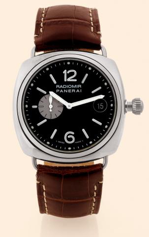 Radiomir.Officine Panerai, Radiomir, No. E 114/500.Ref. OP 6581. Made in a limited edition of 500.examples in 2002..Fine and rare, large, cushion-shaped, self-winding, waterresistant.stainless steel diver's wristwatch with date and a.stainless steel Paner