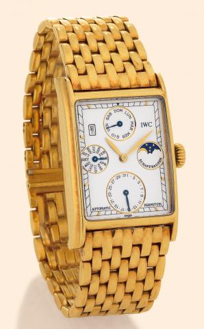 Novecento.International Watch Co., Schaffhausen.Novecento - Automatic Perpetual, Ref..3546. Made in the 1990s..Fine, rectangular, astronomic, self-winding, water-resistant.18K yellow gold gentleman's wristwatch with secular perpetual.calendar, moon phases