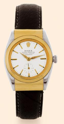 Rigid Hooded.Rolex, Oyster Perpetual.Officially Certified.Chronometer, Ref. 3064. Made.in the 1930s..Fine and rare, tonneau-shaped, selfwinding.water-resistant, stainless steel.and yellow gold gentleman's wristwatch.