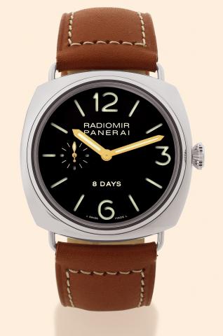 Radiomir 8 Days.Officine Panerai, Firenze 1860.Radiomir 8 Days, No. G 417/550.Ref. OP 6609. Made in a limited edition of 550 examples.in 2004..Fine and rare, large, cushion-shaped, water-resistant, stainless.steel diver's wristwatch with a stainless steel