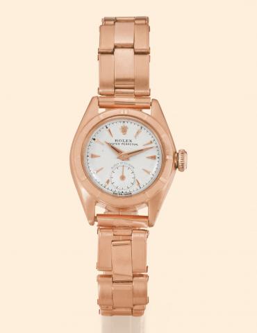 Ref. 5003.Super Precision.Rolex, Oyster Perpetual.Super Pr_cision, Ref. 5003. Made in.the 1950s..Fine, self-winding, water-resistant.18K pink gold lady's wristwatch with.an 18K pink gold expanding Oyster.bracelet.