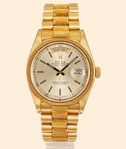 Ref. 18000/18078 Day-Date.Rolex, Oyster Perpetual Day-Date, Superlative.Chronometer Officially Certified, Ref.18000/.18078. Made in 1980..Fine, tonneau-shaped, center-seconds, self-winding, waterresistant.18K yellow gold gentleman's wristwatch with day.an