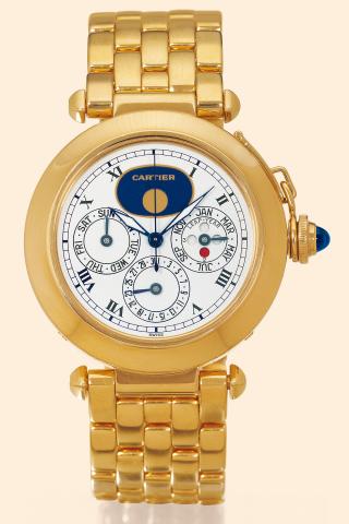 Pasha - Perpetual Calendar.Cartier, Pasha - Perpetual Calendar, No..0975, Ref. MG222080. Made in the 1990s..Very fine and rare, center-seconds, self-winding, water-resistant.18K yellow gold gentleman's wristwatch with perpetual.calendar, moon phases and l
